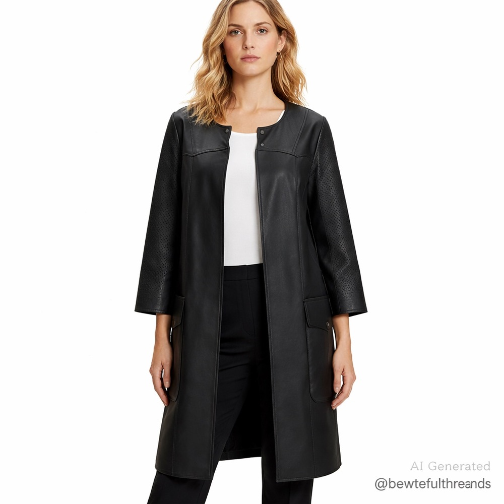 Nisse US 6 Black Perforated Faux Leather Coat – Minimalist Urban Chic